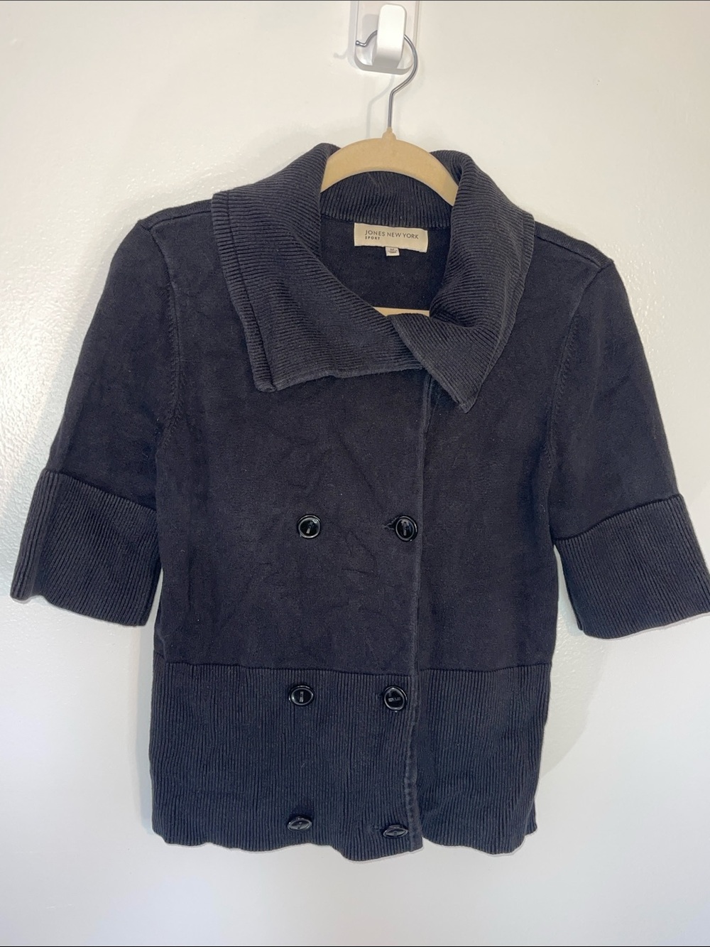 Womens Jones New York Black Double-Breasted Pea Coat style sweater top medium